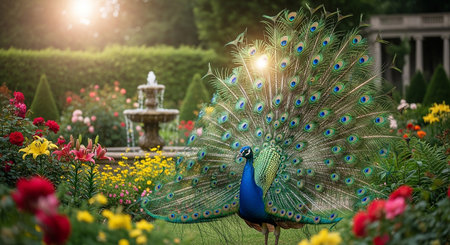 Beautiful peacock in the garden with colorful flowers. Selective focus.の素材