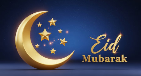 Eid Mubarak Greeting Card with Golden Crescent Moon and Starsの素材