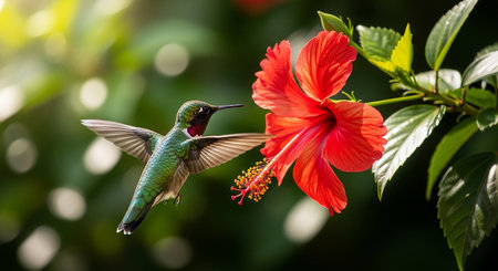 Hummingbird and red hibiscus flower in the gardenの素材