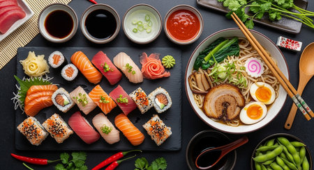 Japanese food Sushi set on black background, top view, copy spaceの素材