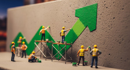 Miniature people engineer team working on building construction site with green arrowの素材
