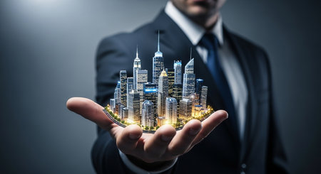 Businessman holding modern city in his hands. 3D rendering.の素材