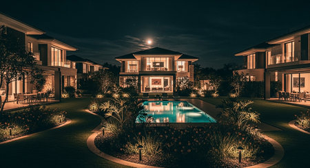 Luxury modern house with swimming pool at night. Toned.の素材