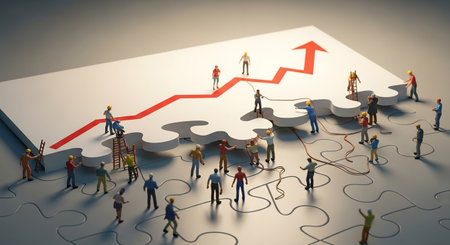 Conceptual image of group of people connecting jigsaw puzzle piecesの素材