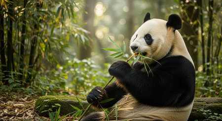 Panda bear eating bamboo in the forest, Chengdu, Chinaの素材