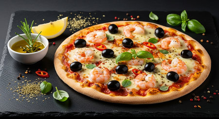 Pizza with shrimps and olives on a black backgroundの素材