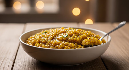 Bowl of yellow lentils on wooden table with bokeh backgroundの素材