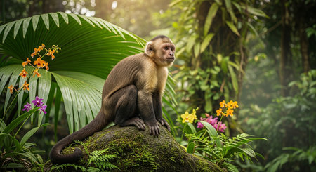 Cute monkey sitting on a rock in the rainforest with colorful flowersの素材