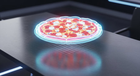 3D rendering of a neon glowing pizza on a table in a cafeの素材