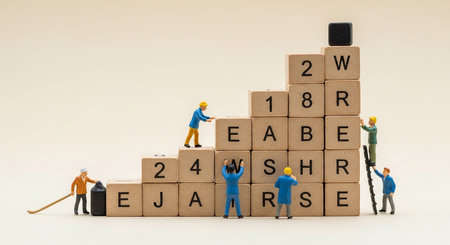 Miniature people : Worker team building wood block with word  24 hour service.の素材