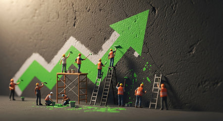 Miniature people painting the wall with green paint. 3D renderingの素材