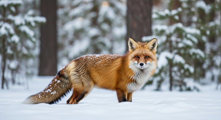 Red fox in winter forest. Red fox in the snowy forest.の素材
