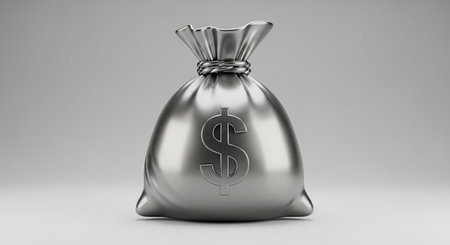 3D rendering of a silver money bag isolated in white studio backgroundの素材