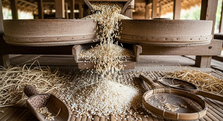 Paddy rice in the wooden basket and sieve on the tableの素材
