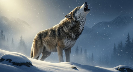 Wolf howling in the snowy mountains. 3d illustration. Elements of this image furnished by NASAの素材