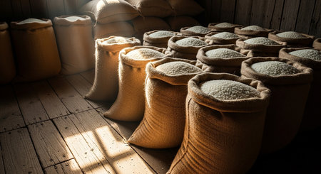 Sack of salt in a salt farm, vintage style, selected focusの素材