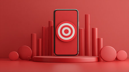 Smartphone and target on a red background. 3d rendering.の素材