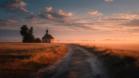Old church in the foggy meadow at sunrise, Poland.の素材