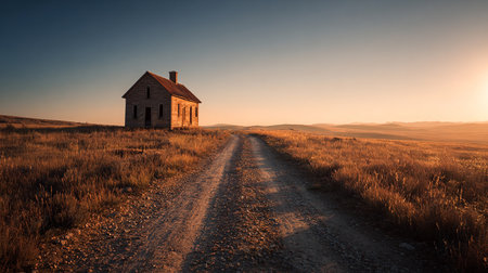 Abandoned house in the middle of the field at sunset.の素材