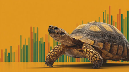 Tortoise on orange background with graph. 3d illustration.の素材