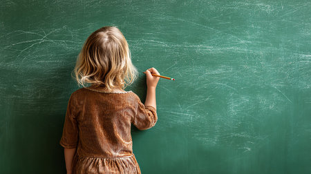 Back view of little girl writing on blackboard. Back to school conceptの素材