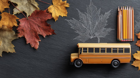 School bus and autumn leaves on black slate background. Back to school conceptの素材