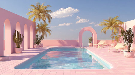 3d render of swimming pool with palm trees and sunbedsの素材