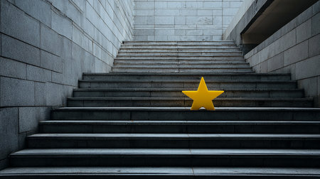 Yellow star on the stairs of a modern building. 3d renderingの素材
