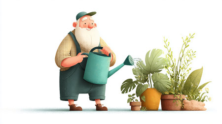 Gardener with a watering can and plants. Vector illustration.の素材