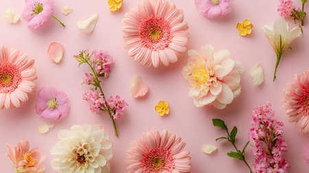 Flowers composition. Colorful flowers on pastel pink background. Flat lay, top view, copy spaceの素材