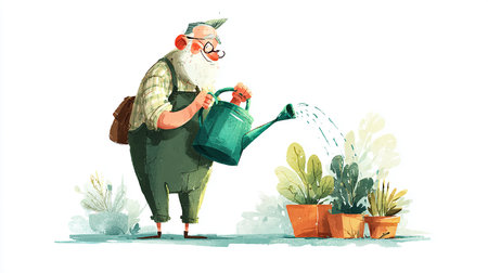 Elderly man watering plants. Watercolor hand drawn illustration.の素材