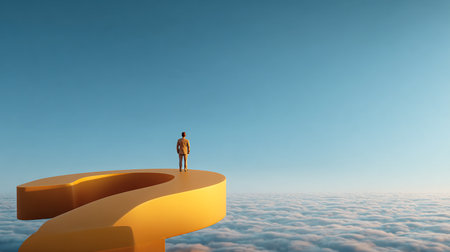 Businessman standing on question mark above clouds. 3D rendering.の素材