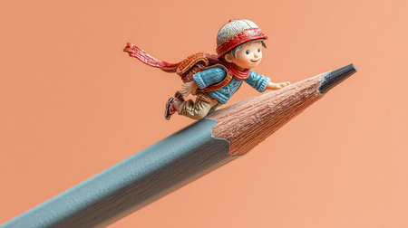 Wooden pencil with plasticine doll sitting on a big pencil.の素材