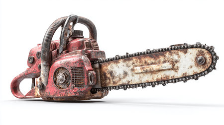 Old chainsaw isolated on a white background. 3d rendering.の素材