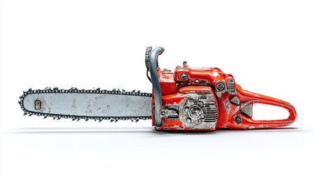Red chainsaw on a white background. 3d rendering. Image with clipping pathの素材