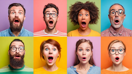 Portraits of people with different facial expressions and emotions on colorful backgroundsの素材