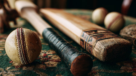 Cricket bats, balls and bat on the table. Selective focus.の素材