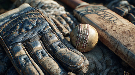 Old baseball bats and ball on an old baseball glove. Selective focus.の素材