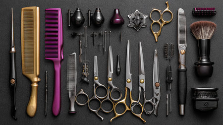 Professional hairdresser tools on black background. Top view.の素材