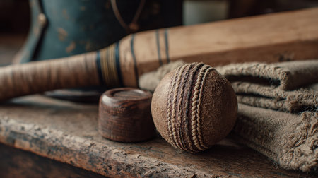 Cricket equipment and tools on rustic background, soft focusの素材