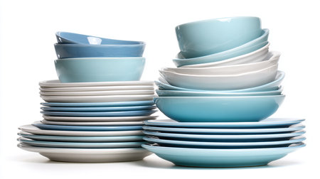 Stack of blue plates and bowls isolated on white background, clipping path includedの素材