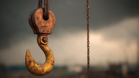 Old rusty crane hook on dark cloudy sky background. 3d renderingの素材