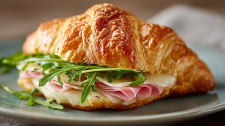 Croissant sandwich with ham, cheese and arugula.の素材