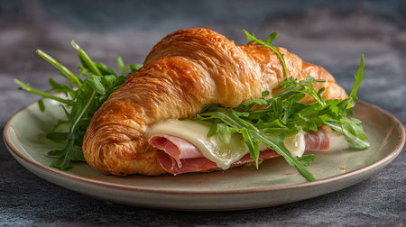Croissant sandwich with ham, cheese and arugula saladの素材