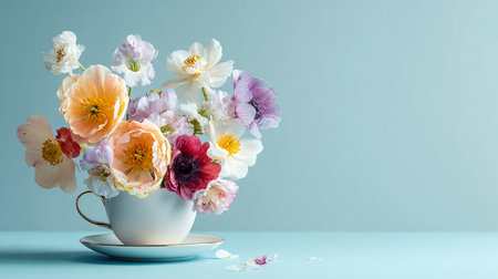 Colorful spring flowers in a vase on a blue background.の素材