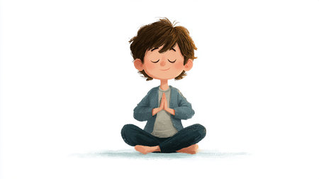 boy meditating in lotus pose isolated on white background with clipping pathの素材