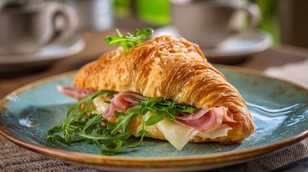 Croissant sandwich with ham, cheese and arugula.の素材