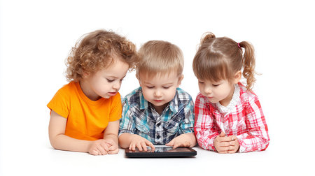 Three children playing with a tablet pc, isolated on a white backgroundの素材