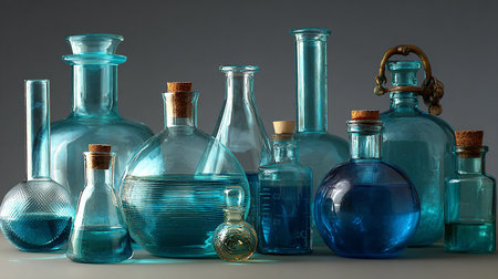 Laboratory glassware with blue liquid, close-up on gray backgroundの素材