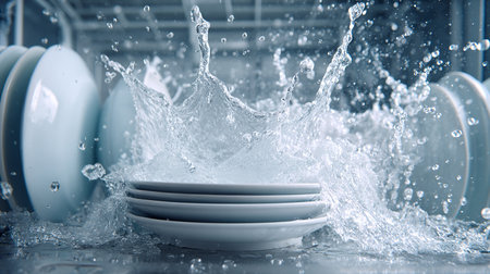 Clean dishes with splashes and drops of water on a light backgroundの素材